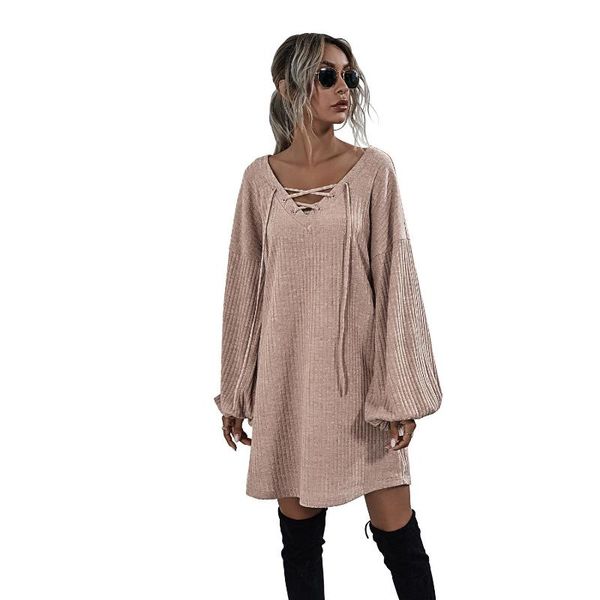 

casual dresses 2021 spring lantern long sleeve knit women dress v neck lace up bandage loose robe femme vestidos mini solid color y1953a, Black;gray