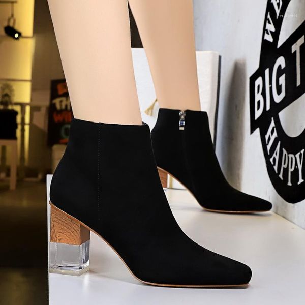 

2019 autumn new women flock ankle boots square toe 8cm transparent crystal splice heel women boots1, Black