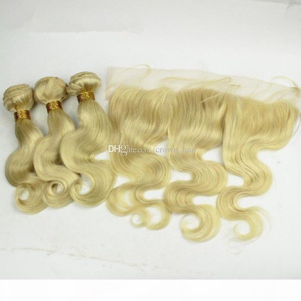 

blonde #613 body wave lace frontal with hair bundles 4 pcs lot 9a unprocessed hair weaves with ear to ear lace frontal, Black