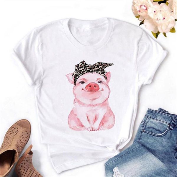 

maycaur cute leopard bandana pig bow fashion print women tshirt harajuku kawaii korean female tees funny femme t shirts, White