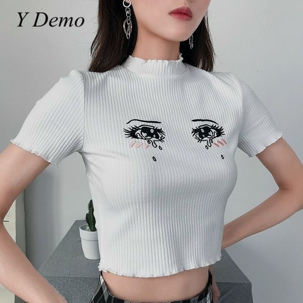 

harajuku cute eyes embroidery women o-neck short sleeve crop y200109, White