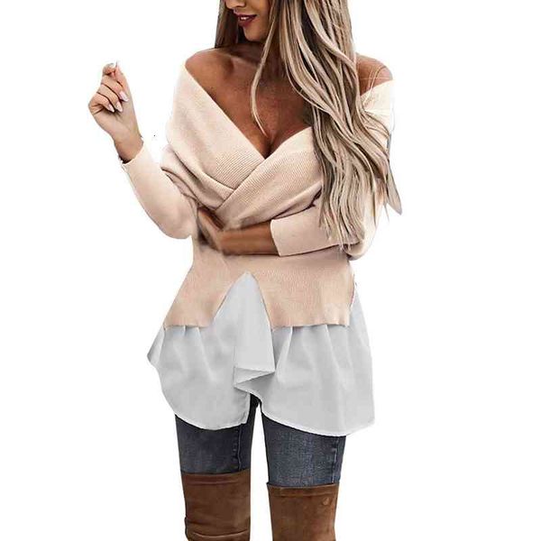 

women blouse deep v neck long sleeve patchwork irregular blouse backless knit ladies shirt female clothing, White