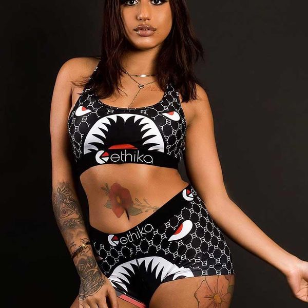 

ethika women fashion swimsuit crop vest + swim shorts trunks boxers 2 piece set tracksuit patchwork shark camo swimwear bikini, Gray