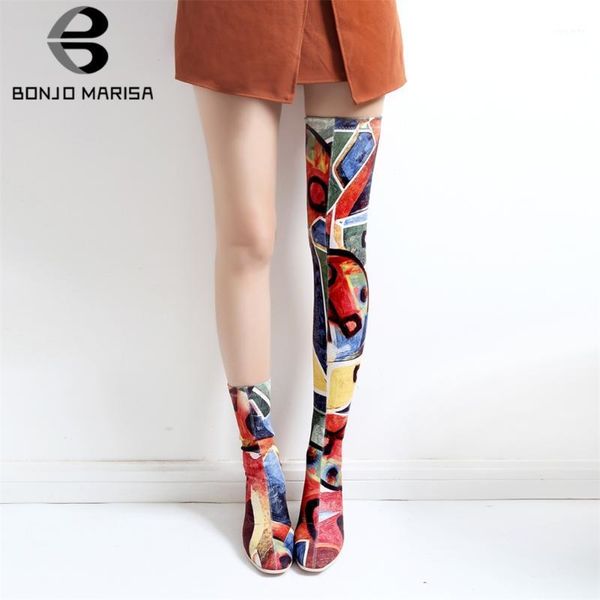 

bonjomarisa print graffi over the knee boots ladies stretch thigh high boots women 2019 autumn high heels shoes woman1, Black