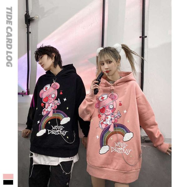 

Autumn and winter new nurse bear rainbow Pullover Hooded Plush sweater cute ins style street hip hop lovers, Black