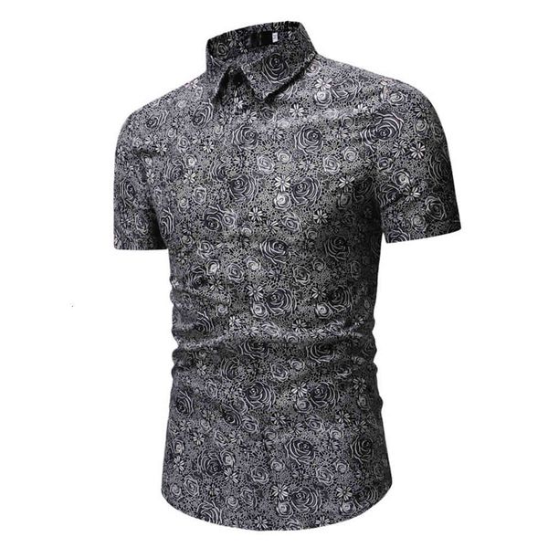 

summer casual short sleeve shirt loose lapel printed mens shirts slim fit clothing blue shirt, White;black