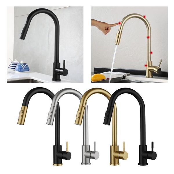 

touchless kitchen sink tap, one lever high arc pull-down kitchen faucet,