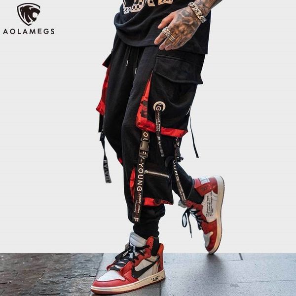 

aolamegs pants men block hit color pocket track pants male fashion trousers elastic waist hip hop joggers sweatpants streetwear 201126, Black