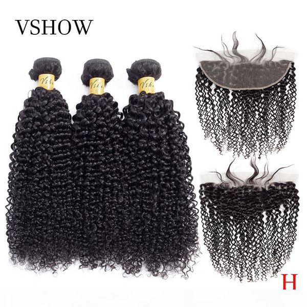 

vshow mongolian kinky curly hair bundles with frontal 13x4 remy human hair weave bundles with closure frontal hair extensions, Black