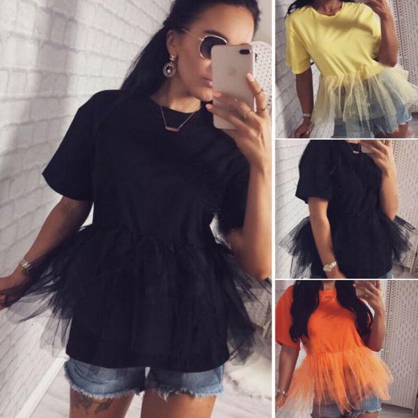 

женщины tulle patchwork с коротким рукавом сетки tee tops 2019 новый летний женский экипаж шеи свободные повседневные футболки клубные издел, White