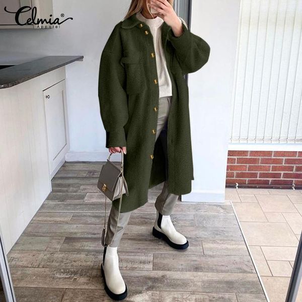 

2021 winter warm women fleece coats celmia fashion fluffy wools long sleeve faux casual loose buttons long woolen outerwear 5xl1, Black