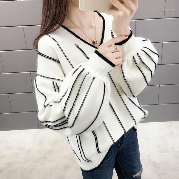 

long lantern sleeve knitted sweater women v neck contrast color loose pullover knitted sweaters autumn winter warm sweater new1, White;black