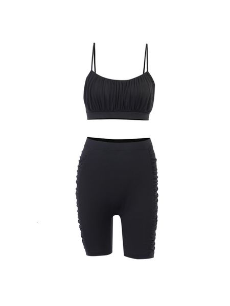 

2021 new practical style peach elastic hip short spaghetti straps + plied bicycle high waist shorts suit two women's ensemble 91vt, Black;gray