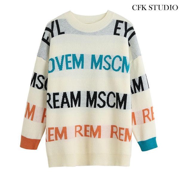 

women autumn sweater with o-neck letter print long sleeve knitted pullover femme casual loose thick winter christmas sweater, White;black