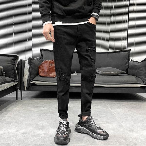 

ripped jeans men's stretch slim fashion retro casual retro hole jeans pants men streetwear wild hip hop denim trousers mens1, Blue