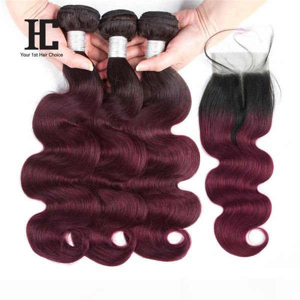 

hc ombre brazilian body wave hair 3 bundles with closure 1b 99j two tone human hair extensions with 4*4 lace closure middle part, Black;brown