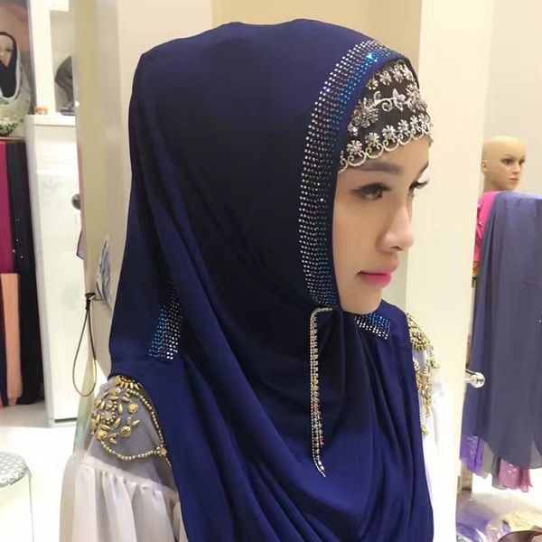 

muslim headscarf ready to wear hijab instant easy convenient rhinestone head scarf fast turban y201007, Blue;gray