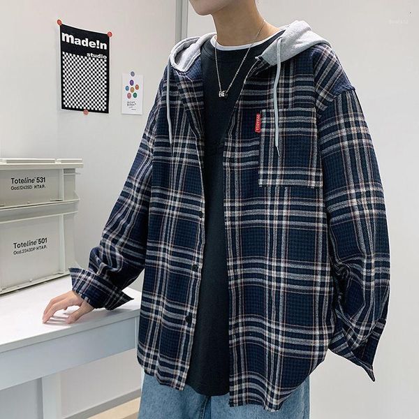 

neploha men's shirts 2021 harajuku men thickened hooded plaid casual long sleeve shirt streetwear man oversized blouse1, White;black