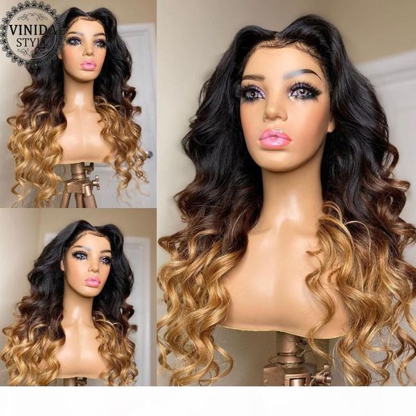 

vinida style ombre wave t-part lace front human hair wigs 150% density scalp closure wigs with baby hair non-remy, Black;brown
