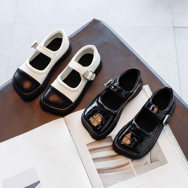 

flat shoes girls' leather 2021 autumn fashion all-match little girl soft sole children' single shoes1, Black;grey