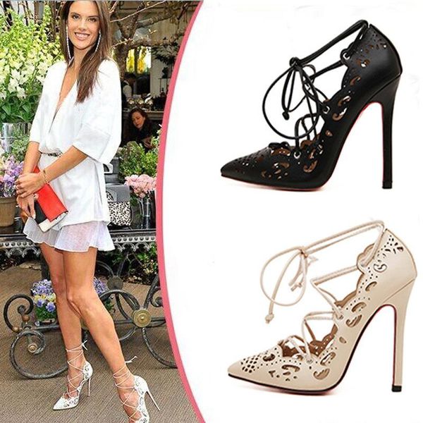 

sandals large size high heels european and american hollow pointed stiletto lace-up women's shoes, Black