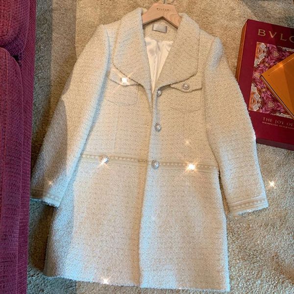 

ewq] 2020 winter female sweet turn down collar single pearl breasted minimalist loose tweed jacket cardigan coat 8q324, Black;brown