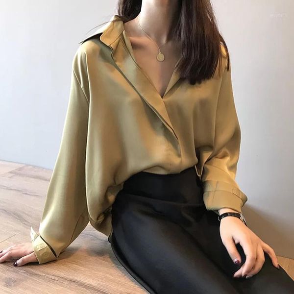 

temperament satin shirt women's long-sleeved shirt 2020 spring summer women's new loose solid color hipster female l721, White