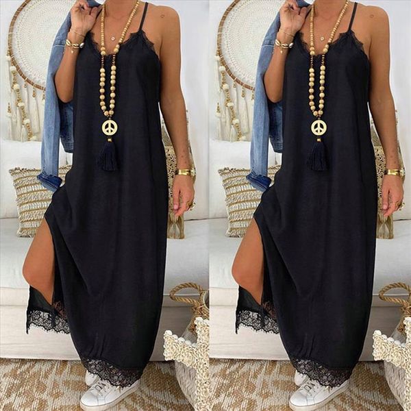 

2021 women summer beach dress ladies loose long v neck lace splicing sleeveless maxi dress hign slit solid color dress, Black;gray