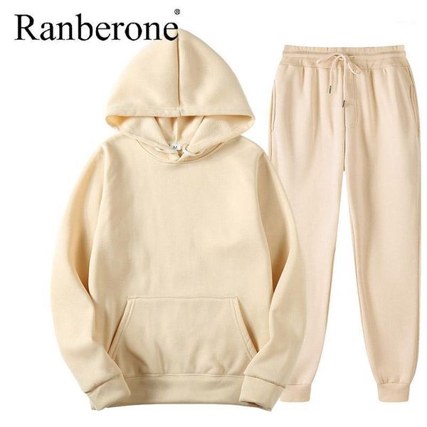 

gym clothing ranberone 2pcs sport suit fitness solid color women's tracksuits hooded pullover sweatshirt casual pants sets sportswear, White;black