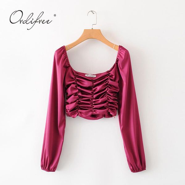 

ordi2020 summer women satin blouse long sleeve short silk blouse shirt1, White