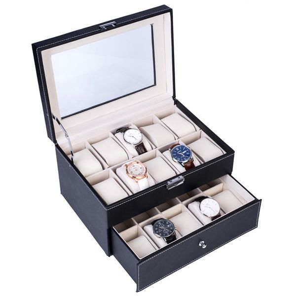 

20 compartments watch collection box leather watch display show case box dual layers elegant jewelry collection storage item