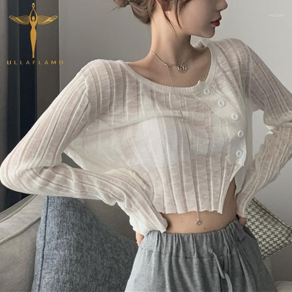 

thin knitted long-sleeve round neck women's t-shirt see-through cardigan irregular button crop streetwear ladies tshirt1, White