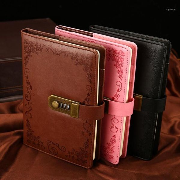 

notepads diary with lock notebook a5 vintage lockable paper pu leather note book traveler journal weekly planner school stationery gift1, Purple;pink