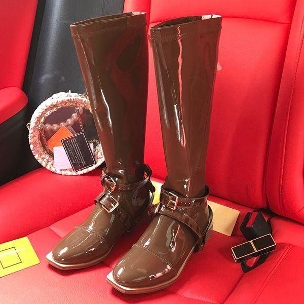 

new italy double f winter knee long women boots martin horse buckle luxurys designers shoes fashion show patent leather snow boots sale, Black