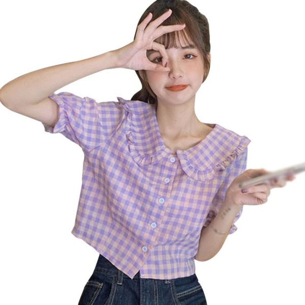 

women blouses doll collar sweet plaid slim short blouse puff sleeves age-reduction shirt, White
