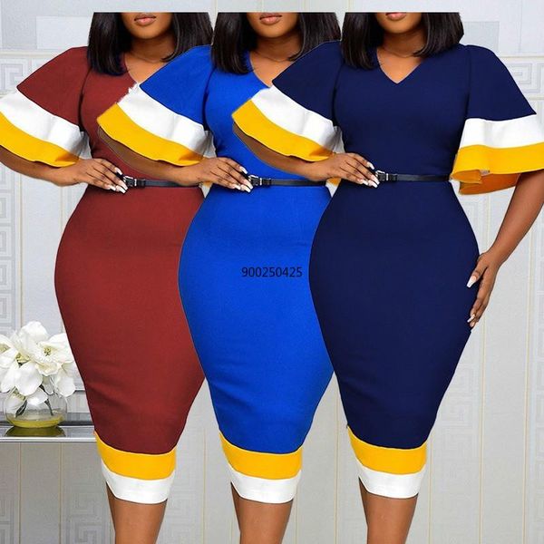 

women bodycon dress patchwork color flare short sleeves v neck elegant office ladies work wear female modest classy african lady, White;black
