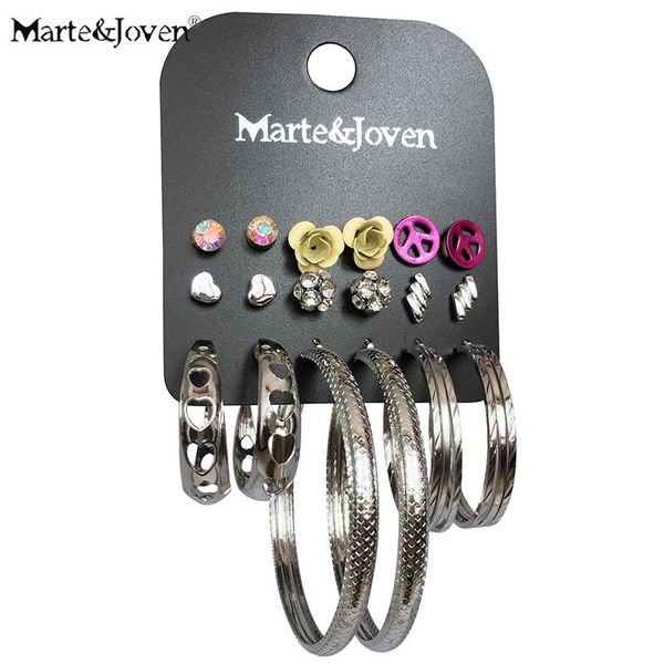 

hoop & huggie marte&joven 9 pairs/set silver color big hoops earring sets for women cute yellow flower/rhinestone ball/peace sign earrings s, Golden;silver