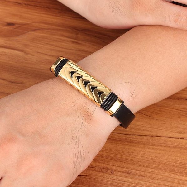 

328 events men's luxury stainless steel leather bracelet special style arrow pattern gold steel selection for birthday gift wmtohb, Golden;silver