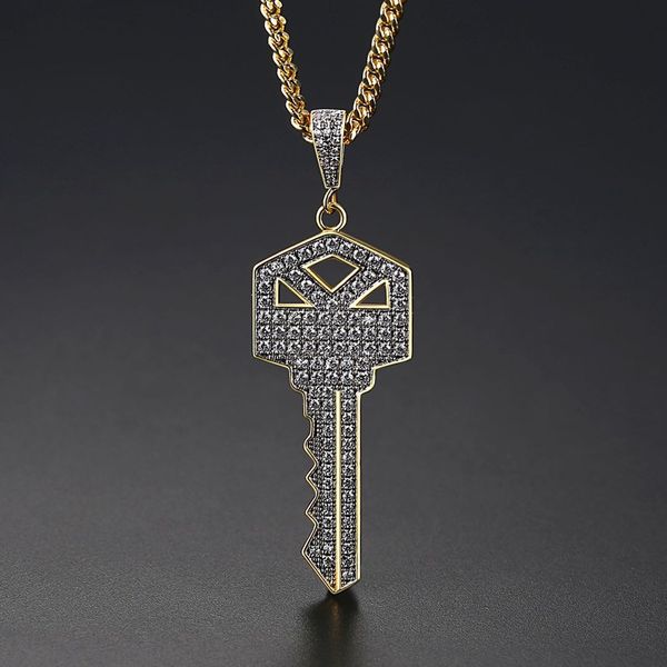 

new men's key style pendant necklace ice out cubic zircon gold color fashion rock street hip hop jewelry with chain for gift, Silver