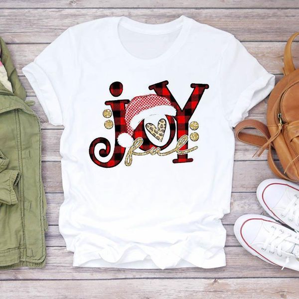 

women plaid joy happy new year trend merry christmas print tshirts clothes graphic female t shirt ladies tee t-shirt, White