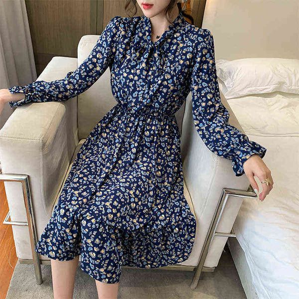 

casual dresses korean broken flower chiffon medium length dr's long sleeve spring and autumn closing waist thin bottomed skirt, Black;gray