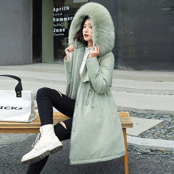 

women padded coat hooded mid-length big fur collar down cotton liner jacket female thick 2021 winter plus size outerwear warm 341, Black
