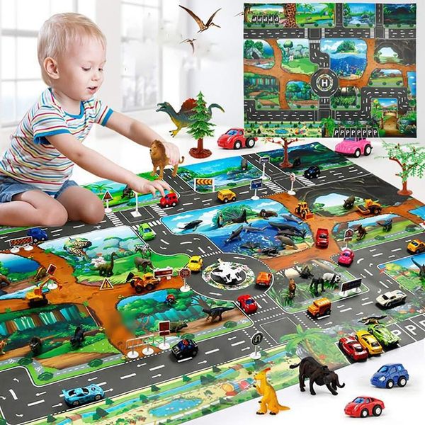 Dinosaur Trihfice Road Kids Baby Crawling Play Mat Kids Game Carpet Pad Pad World Transport Map Photle Design Dropshipping Puzzlematte