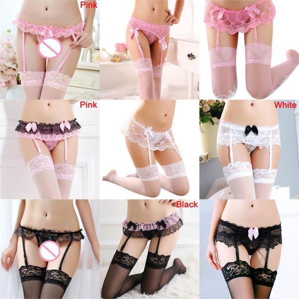 

sheer lace ligas thigh highs stockings bondage lingerie garter belt suspender set, Black;white