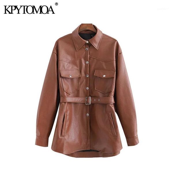 

vintage stylish pockets pu faux leather jacket coat women 2020 fashion long sleeve with belt female outerwear chic 1, Black