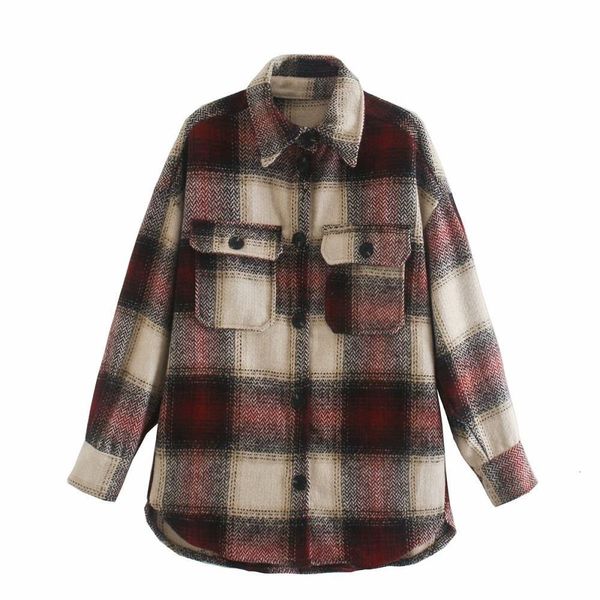 

vintage chic red contrast colors plaid shirt jackets women fashion pockets lapel collar button-up coat girls chic outerwear, Black;brown
