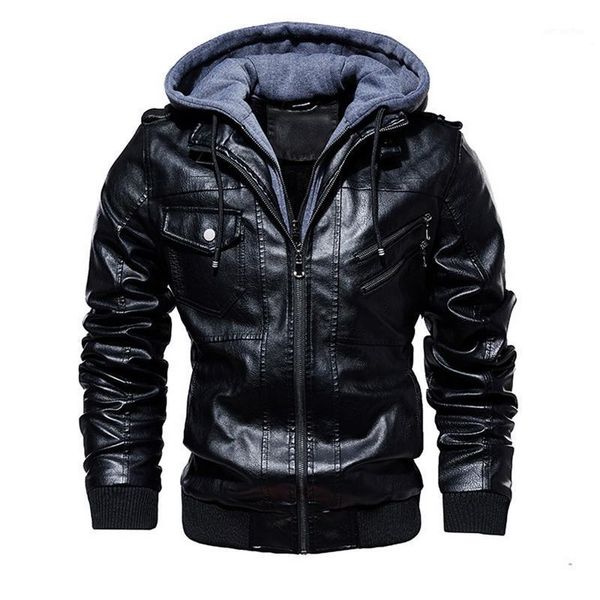 

fashion pu jackets men autumn winter warm windbreaker hooded motorcycle leather jacket male baseball zipper pockets coat outwear1, Black