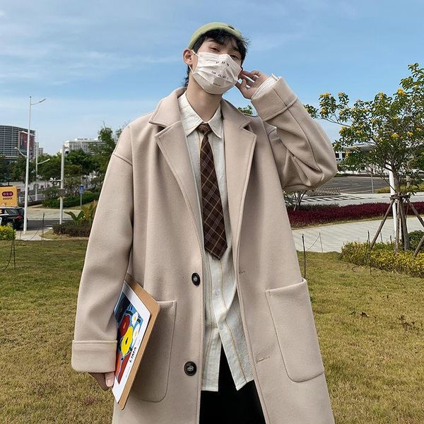 

men's trench coats coat 2021 autumn winter slim pure color medium long relaxed leisure personality youth wear, Tan;black