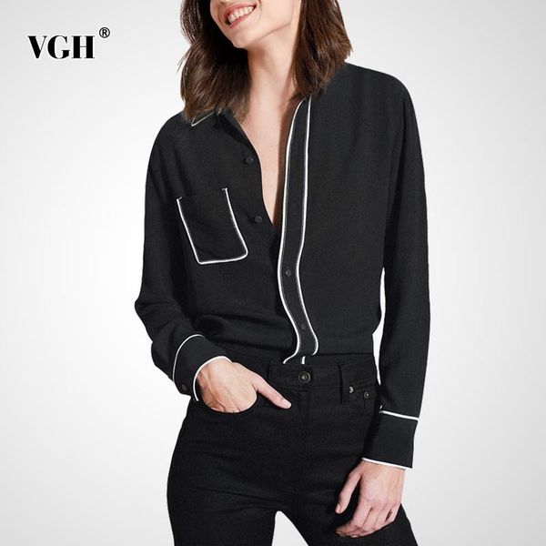 

vgh casual patchwork shirts for women lapel long sleeve hit color loose temperament basic design blouses female fashion clothing, White