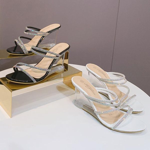 

2021 summer designer women stripper high heels new style sandals transparent wedges sandals big size rhinesto party female shoes, Black